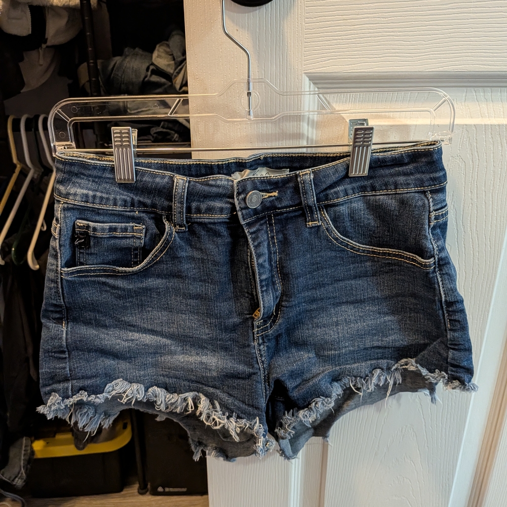 KanCan Dark Blue Frayed Jean Shorts